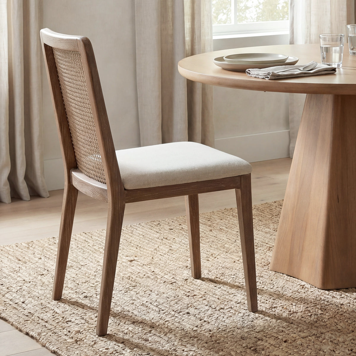 Mercana Clara Cane Back Dining Side Chair | Cream Fabric w/ Brown Wood