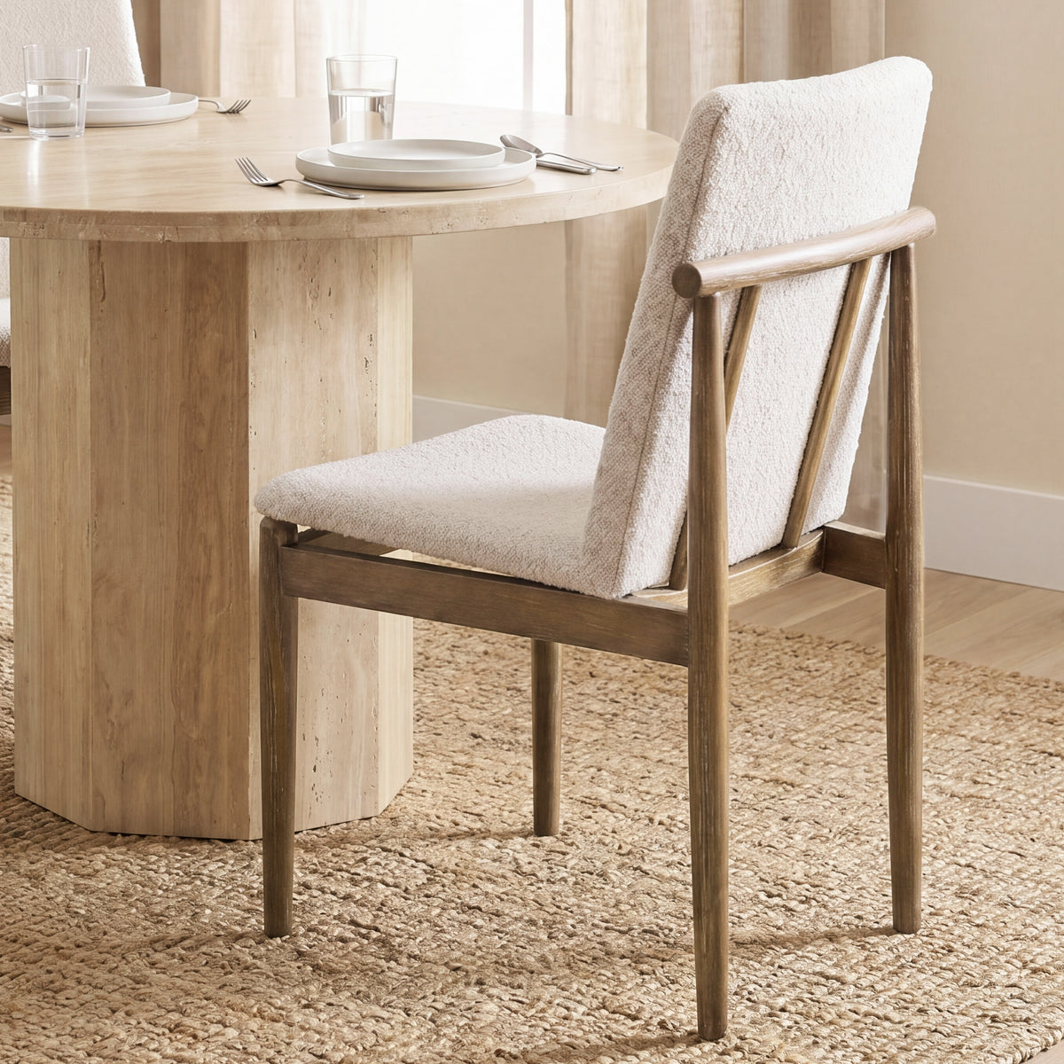 Mercana Cavett Curved Back Dining Side Chair | Cream Boucle w/ Wood