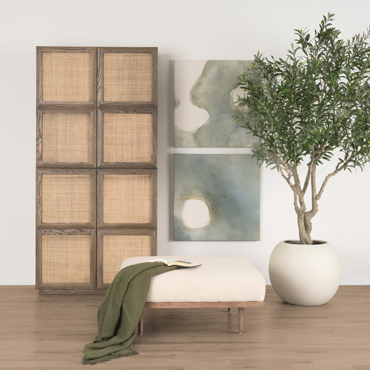 Mercana Sina Brown Oak Wood w/ Natural Rattan 2 Door Curio Cabinet