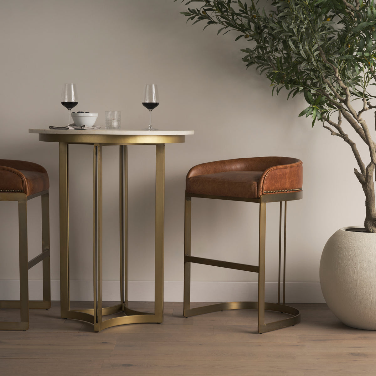 Mercana Hollyfield Cognac Brown Leather Seat Gold Metal Base Bar Stool