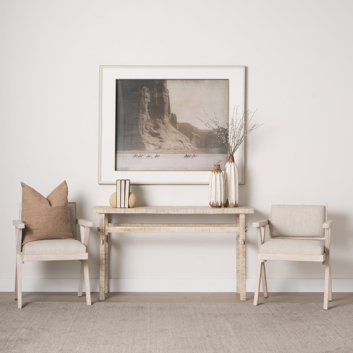 Mercana Topanga Open Back Dining Arm Chair | Cream Fabric w/ Blonde Wooden