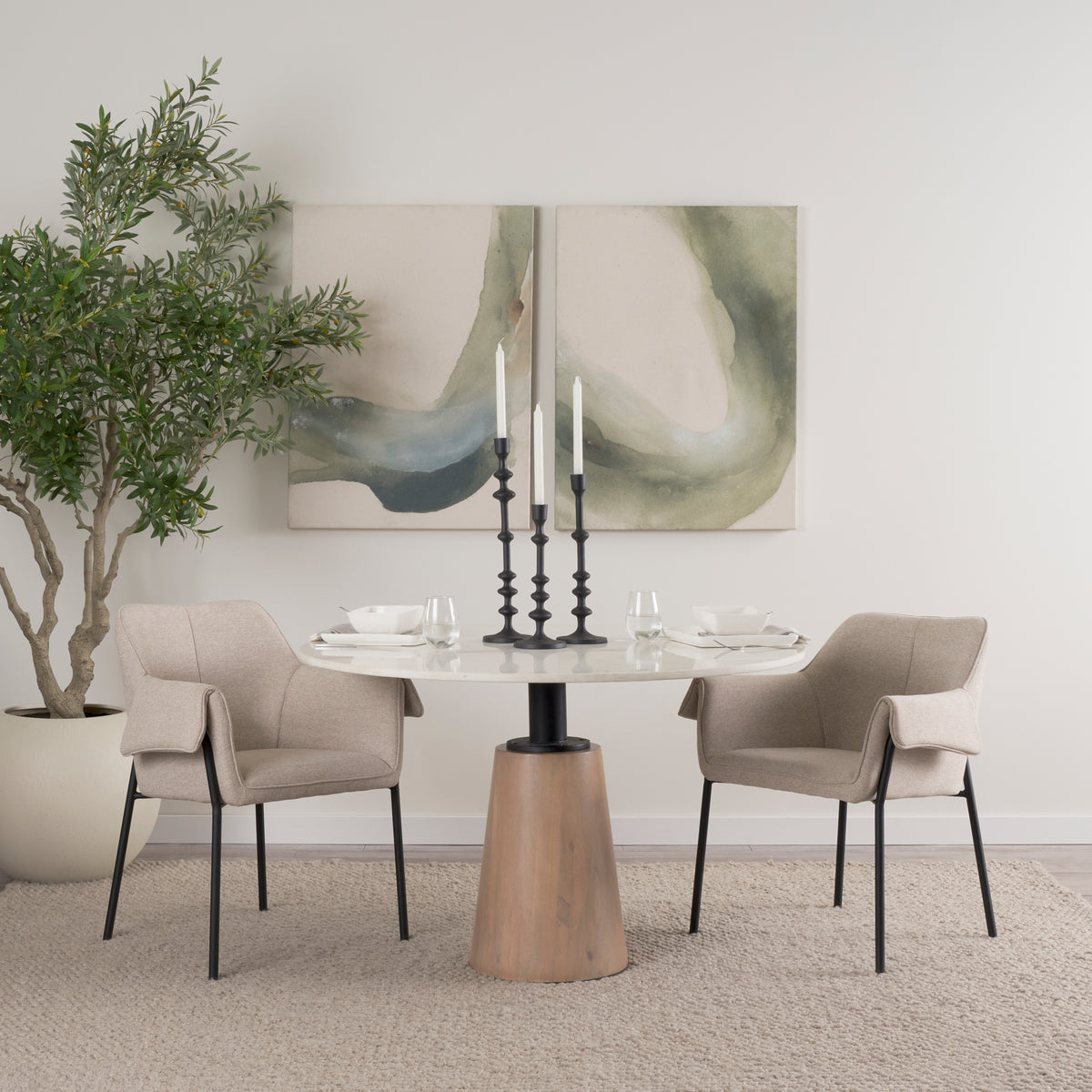 Mercana Maxwell 48" Round Pedestal Dining Table | White Marble & Light Brown Wood | Seats 4