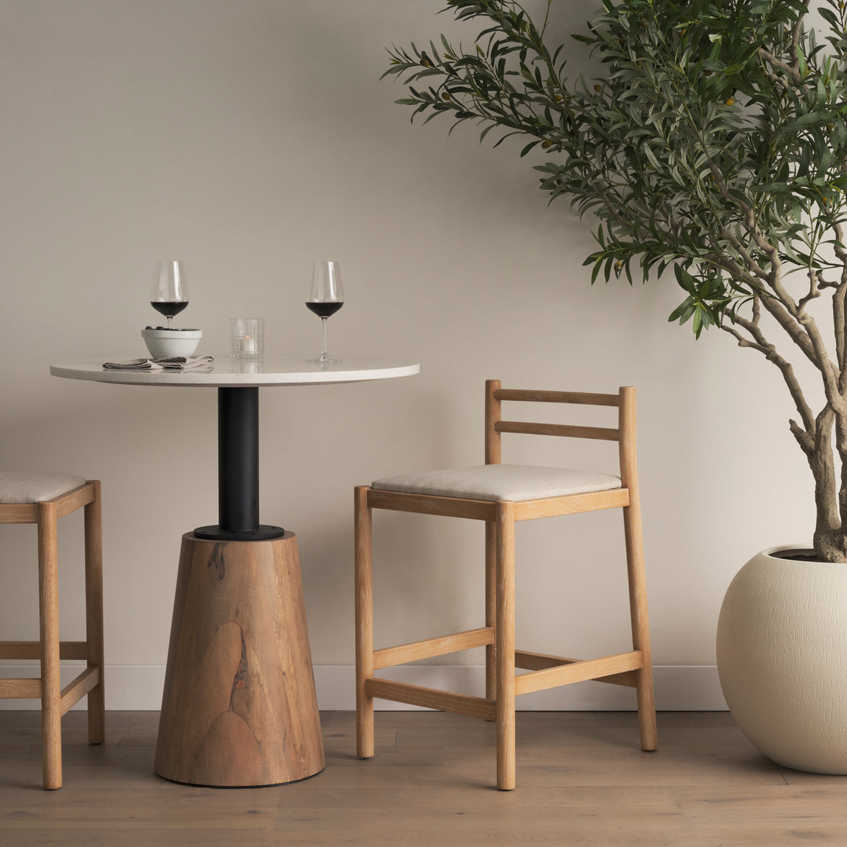Mercana Sam Counter Stool W/ Light Brown Wood Frame and Beige Upholstered Seat