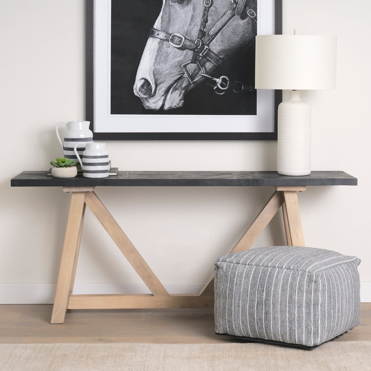 Mercana Rialto Two-Toned Black and Brown Wood Angular Leg Console Table, primary product view