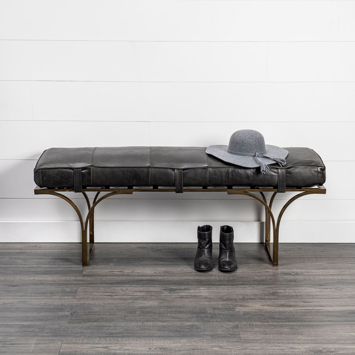Mercana Jessie 55L x 16W Black Leather Seat W/Gold Metal Base Accent Bench