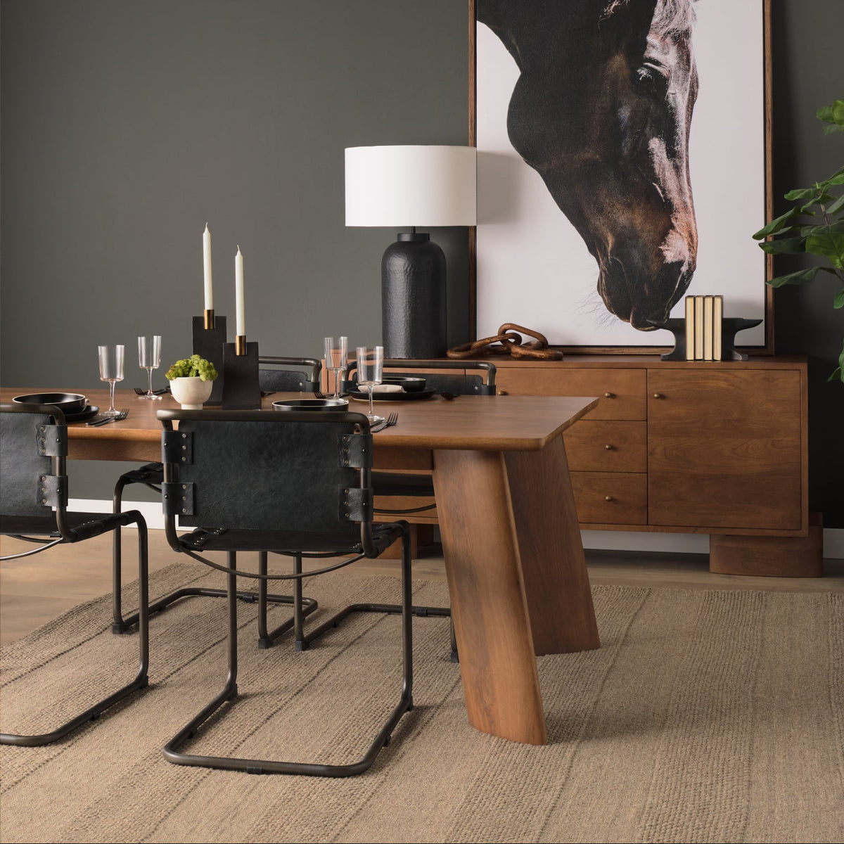 Mercana Berbick Open Back Dining Side Chair | Black Leather w/ Iron