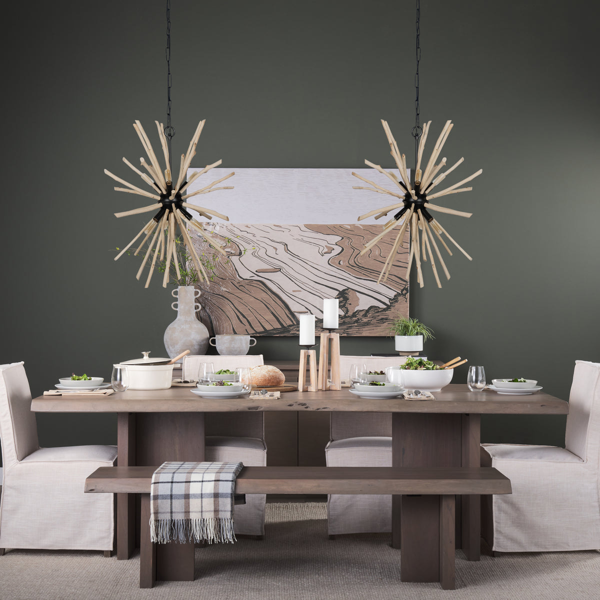 Mercana Jules Blonde Wood and Black Metal Six Bulb Chandelier Light