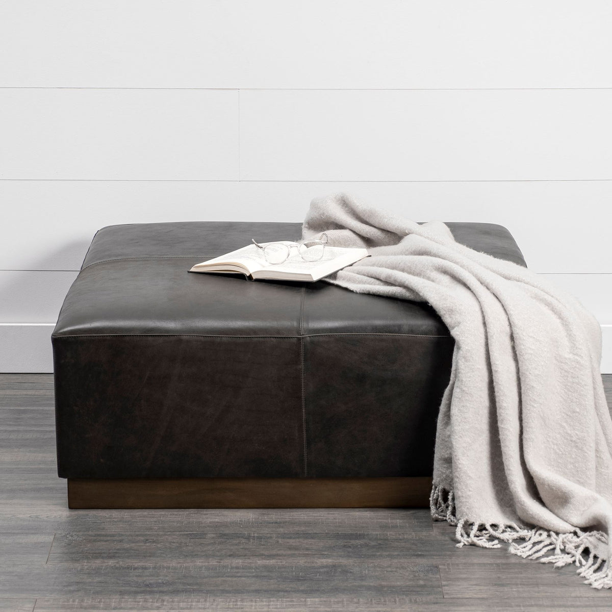 Mercana Minara 36" Square Black Leather Wrapped w/Metal Base Ottoman