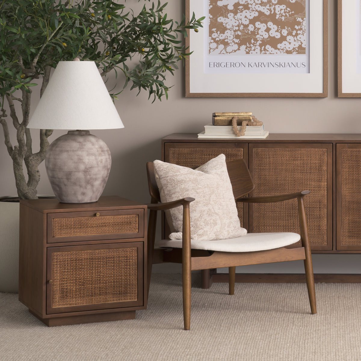 Mercana Haggen Medium Brown Oak Wood w/ Cream Fabric Accent Chair