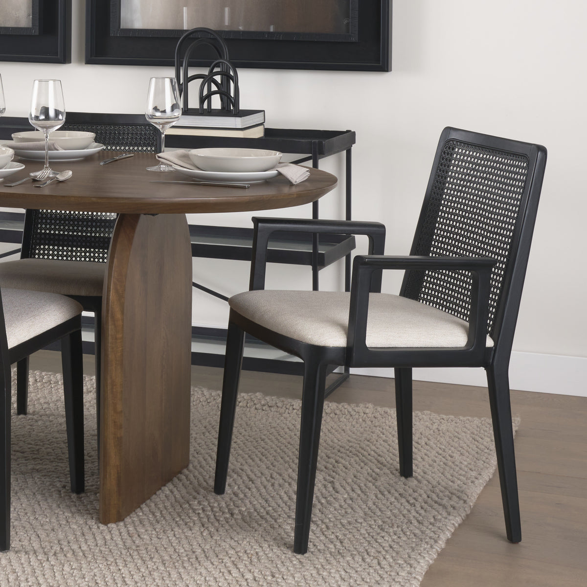 Mercana Clara Cane Back Dining Arm Chair | Cream Fabric w/ Black Wood