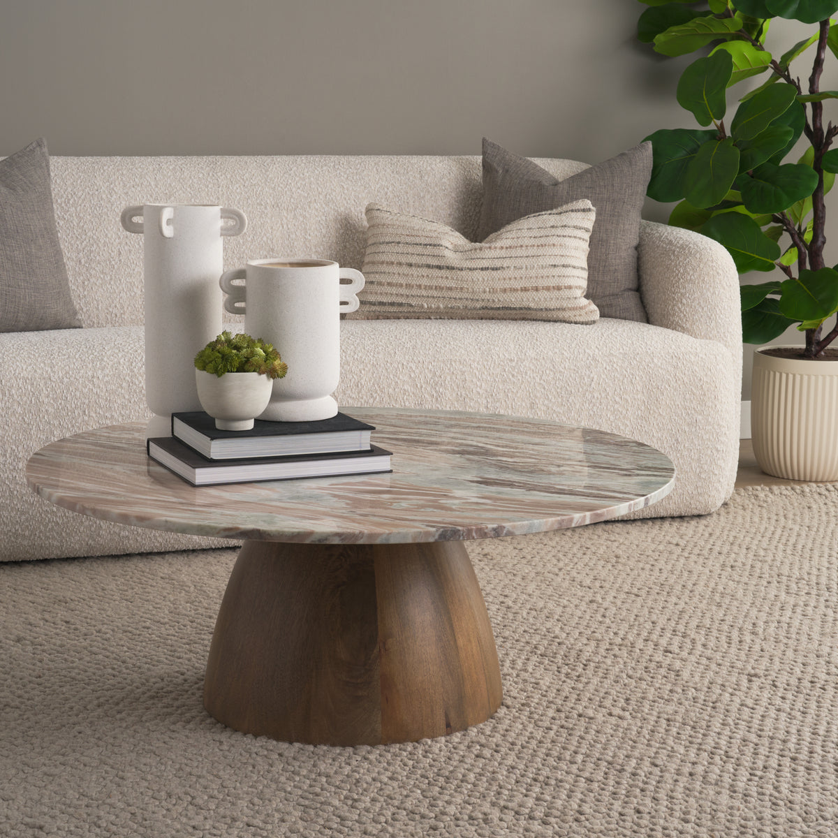 Mercana Allyson Round Brown Pedestal w/Savar Pink Marble Top Coffee Table