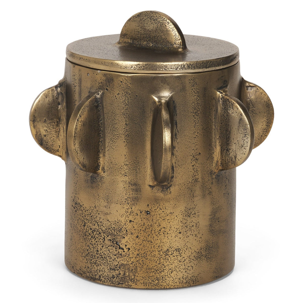 Mercana Deacon Small Antiqued Gold Metal Small Canister with Sculptural Handles in Antiqued Brass, primary product view