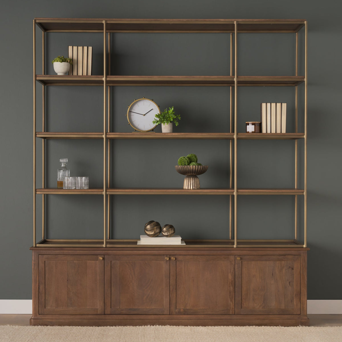 Mercana Baron 4-Door Dark Brown Wood w/Antique Brass Metal Open Shelving Unit, primary product view