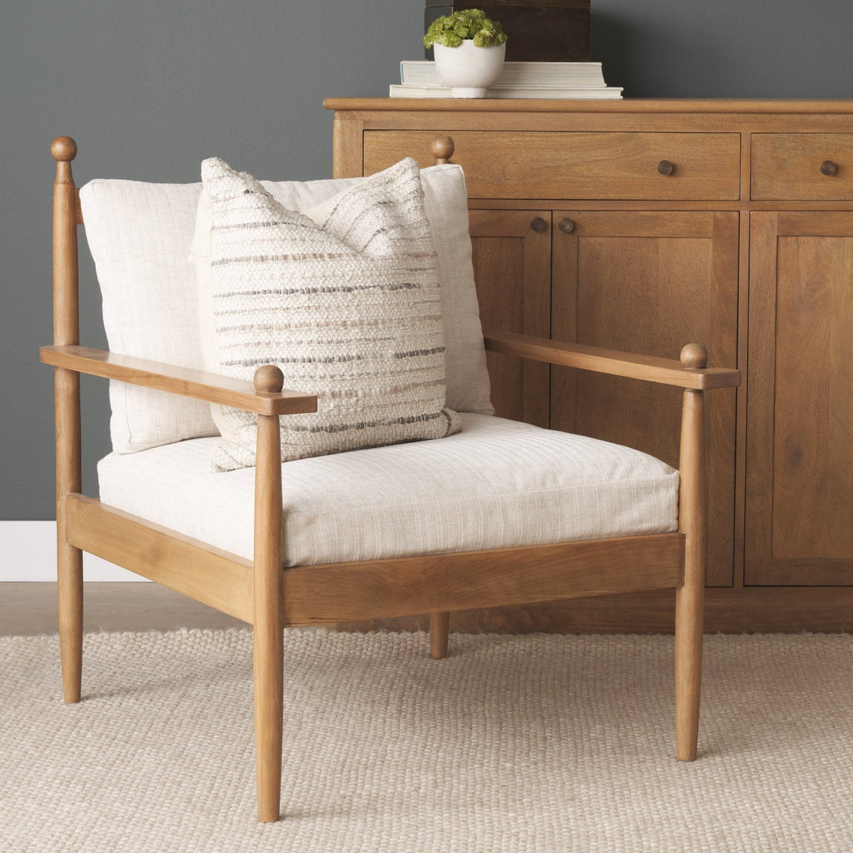 Mercana Danni Beige Beech Wood Framed Accent Lounge Chair in Light Brown, primary product view