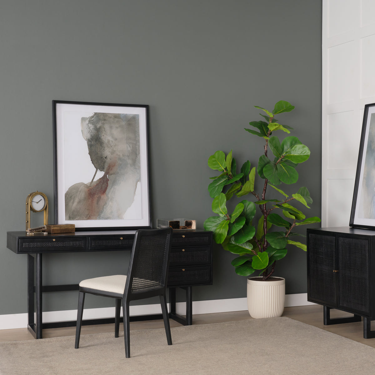 Mercana Grier 60" Black Solid Wood W/ Black Cane Office Desk