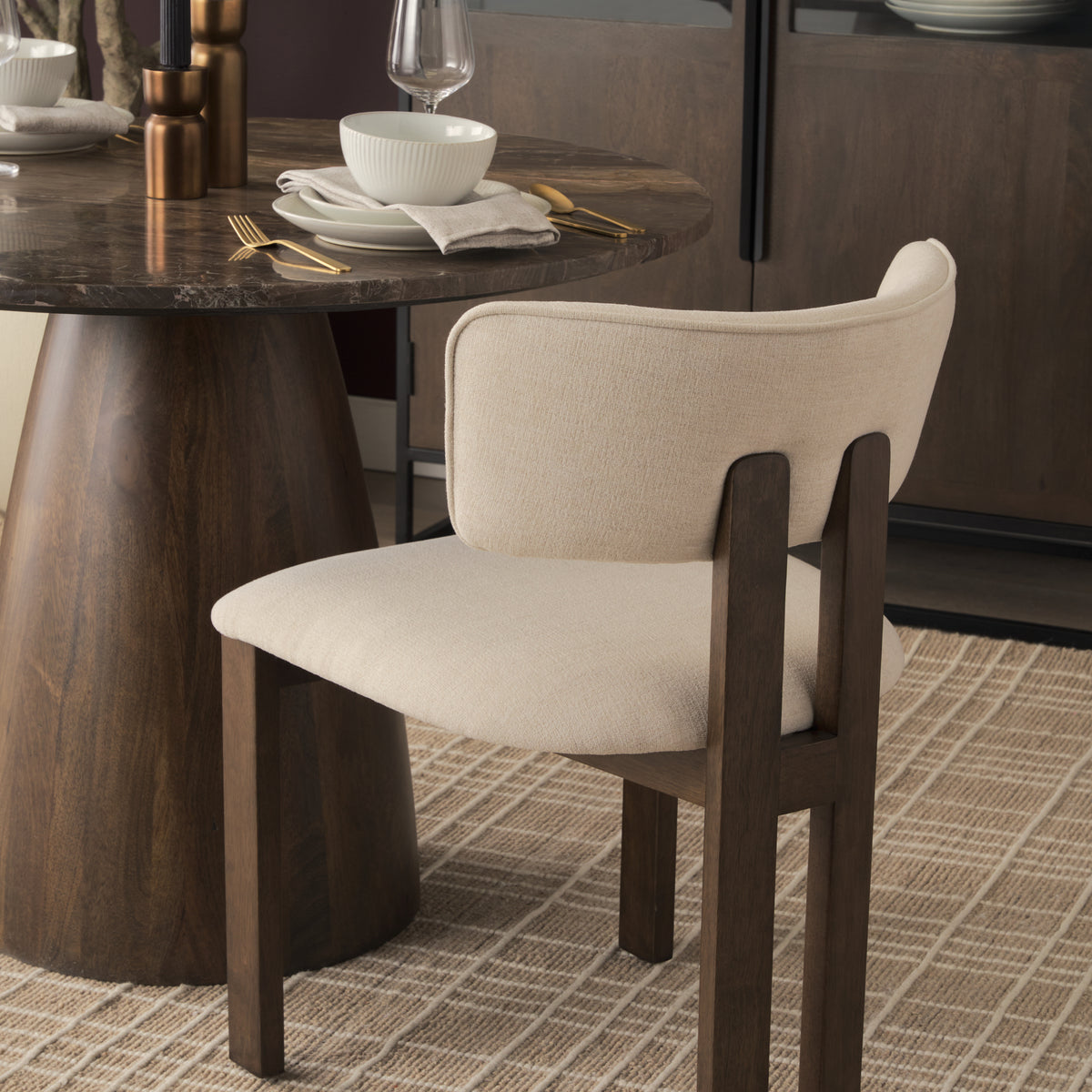 Mercana Soho Open Back Dining Side Chair | Cream Chenille w/ Dark Brown Wood