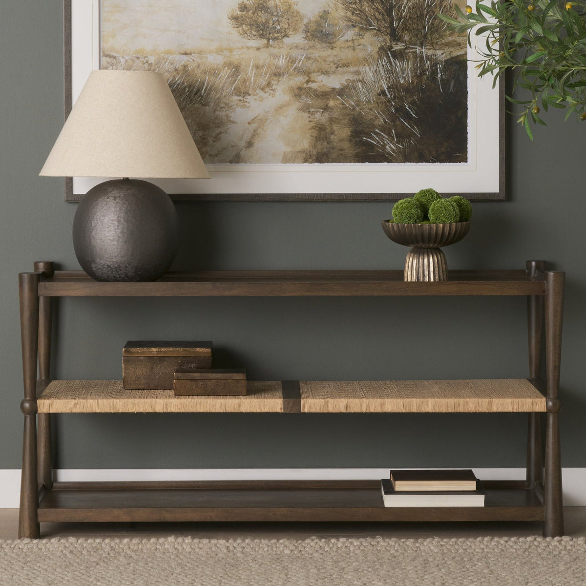 Mercana Bondi Dark Brown Wood w/Paper Rope Shelf Console Table, primary product view