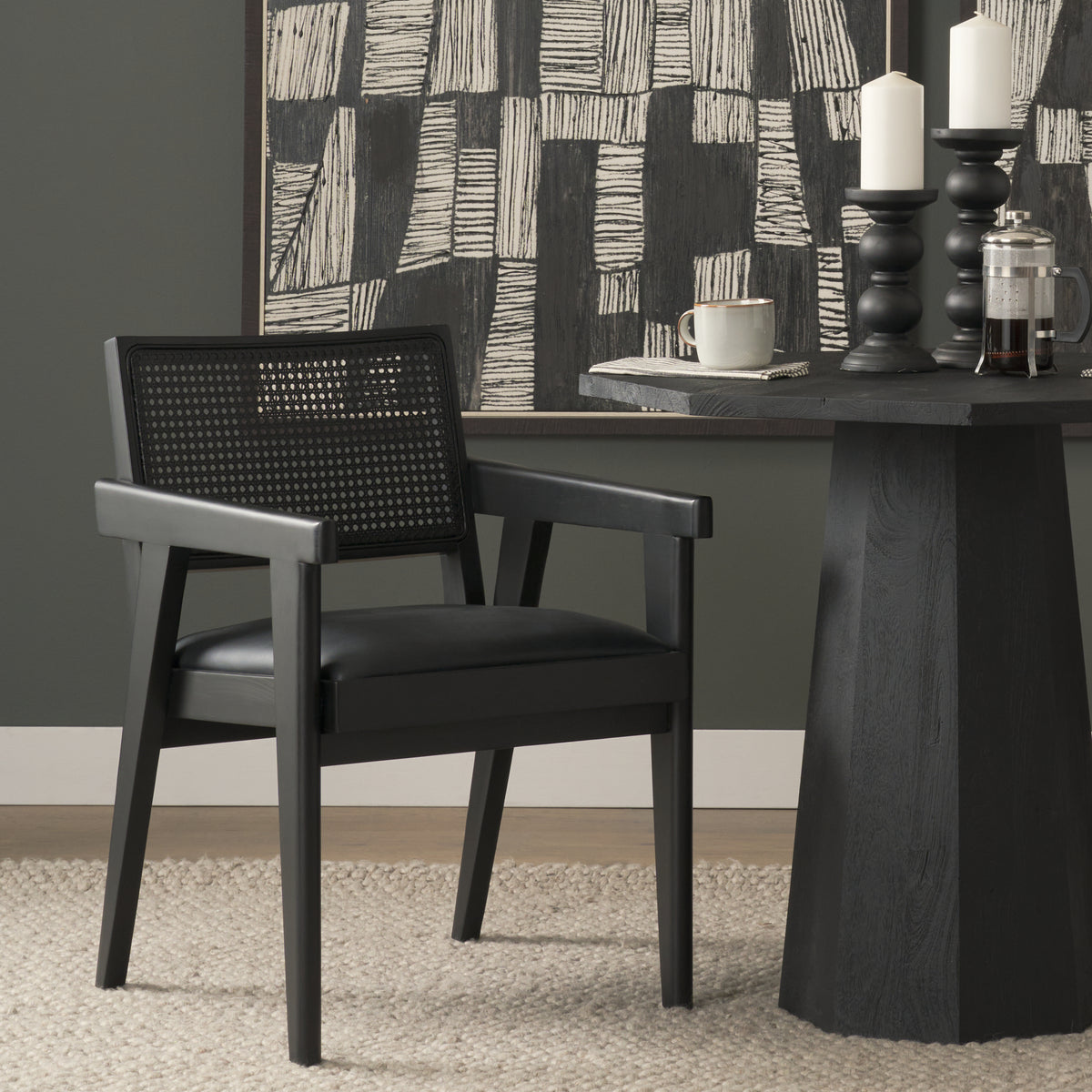 Mercana Reid Cane Back Dining Arm Chair | Black Fabric w/ Black Wood