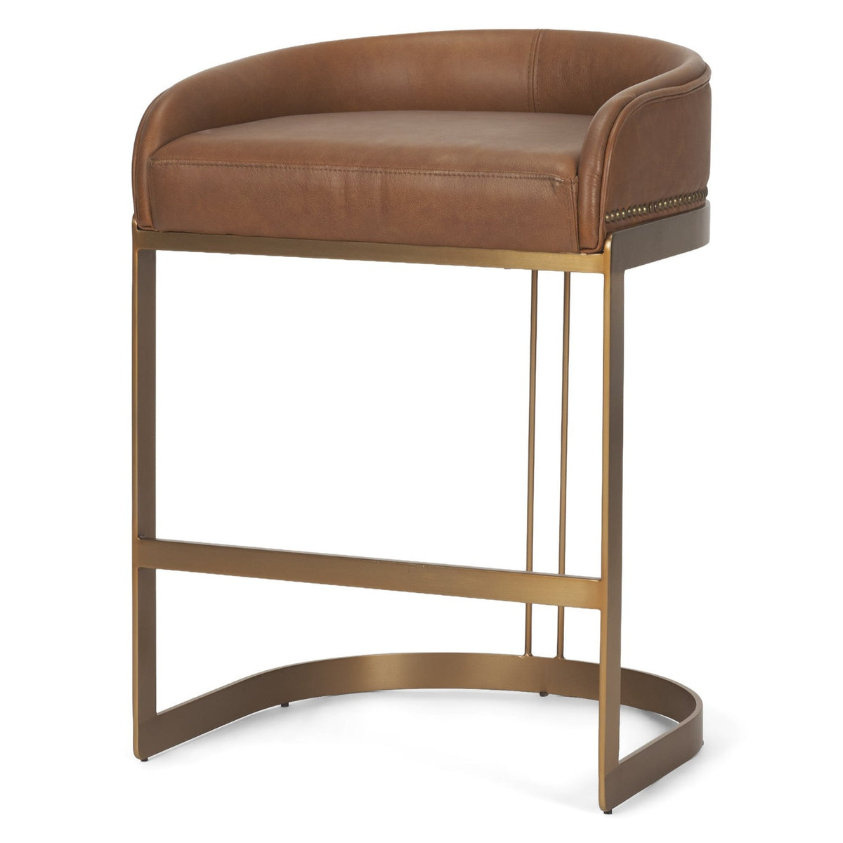 Mercana Hollyfield Cognac Brown Leather Seat Gold Metal Base Counter Stool Set of 2, primary product view