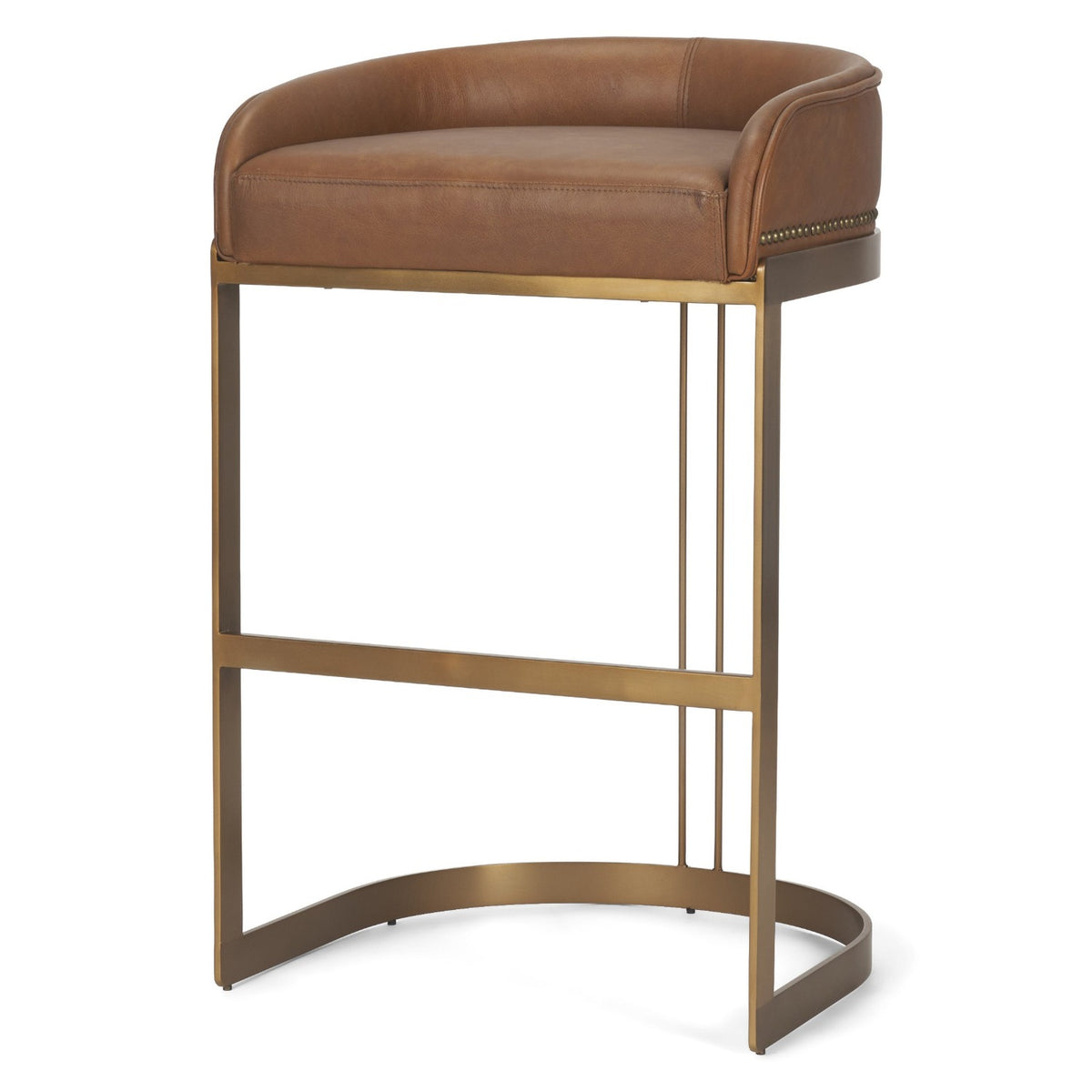 Mercana Hollyfield Cognac Brown Leather Seat Gold Metal Base Bar Stool Set of 2, primary product view
