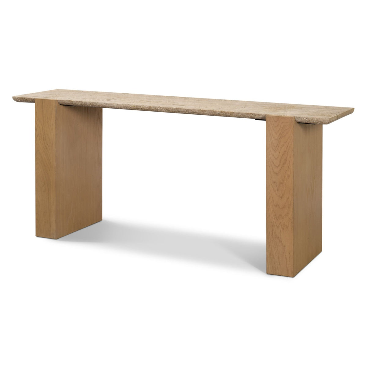 Mercana Milos Travertine Top w/ Light Brown Oak Wood Console Table