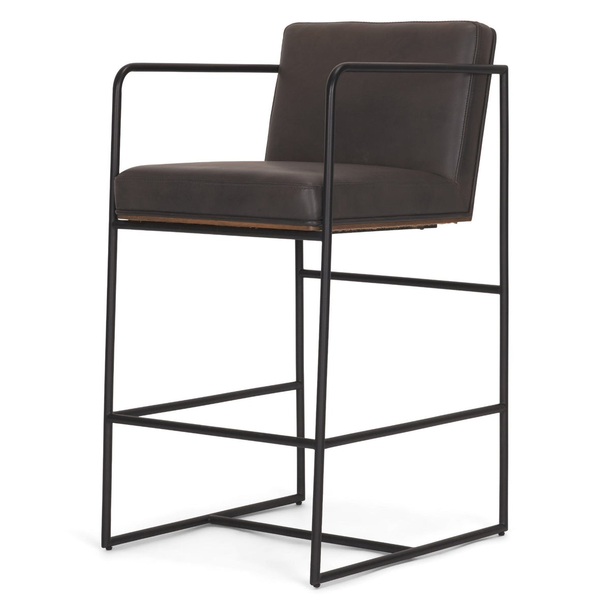 Mercana Stamford Charcoal-Brown Leather Seat w/Wood Back Metal Counter Stool Set of 2 in Dark Brown, primary product view