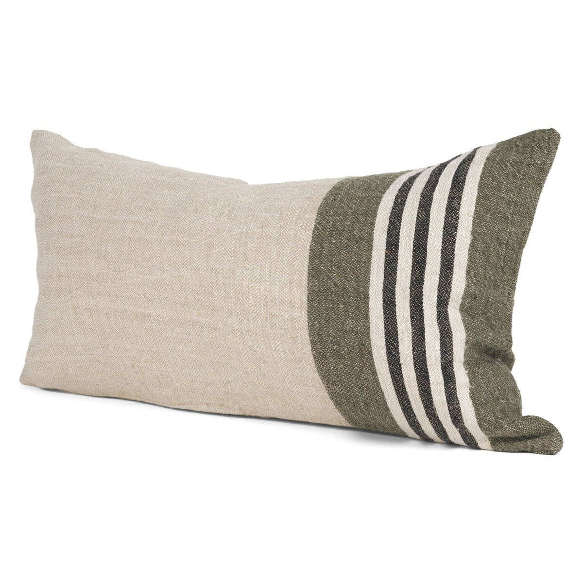Mercana Hunter Lumbar Oatmeal w/Green Stripe Decorative Pillow Cover in Beige, primary product view