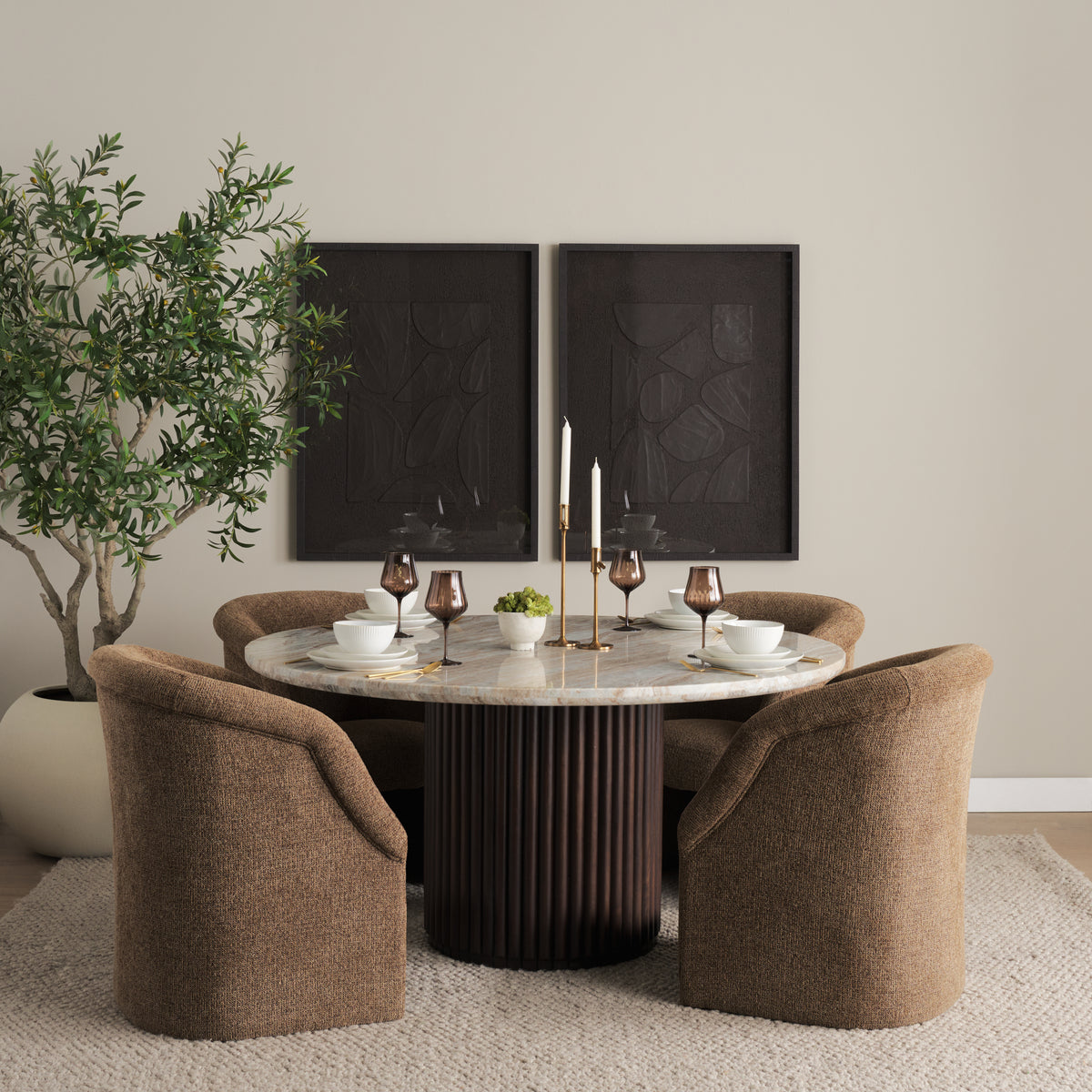 Mercana Marbrello 60" Round Dining Table | Pink Marble & Espresso Brown Wood | Seats 6