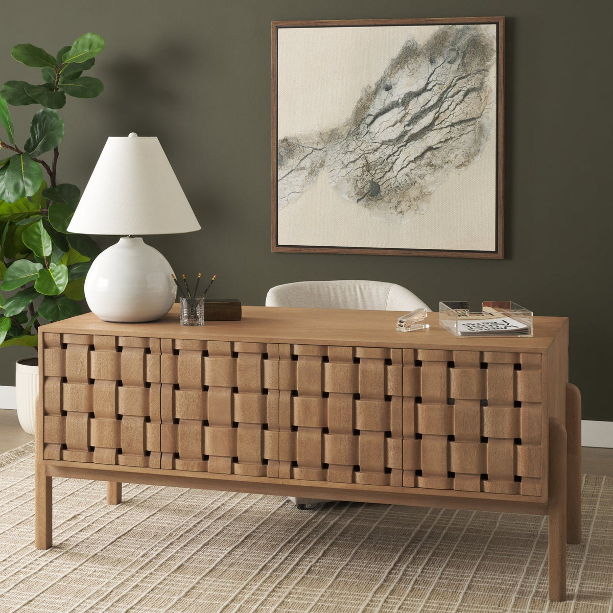 Mercana Trellyn Light Brown Solid Wood Carved Woven Desk, primary product view