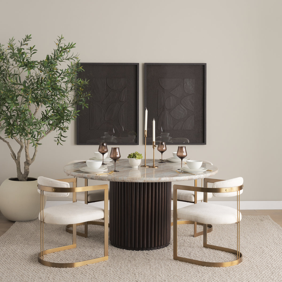 Mercana Hollyfield Curved Back Dining Arm Chair | Cream Fabric w/ Gold Iron