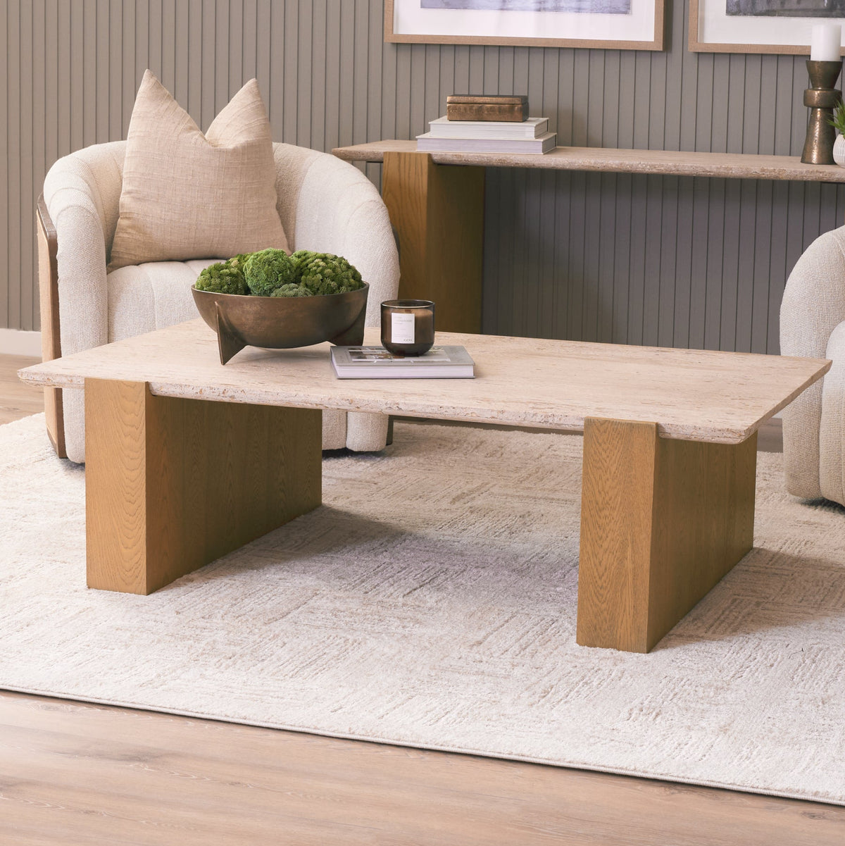 Mercana Milos Travertine Top w/Light Brown Oak Wood Coffee Table, primary product view
