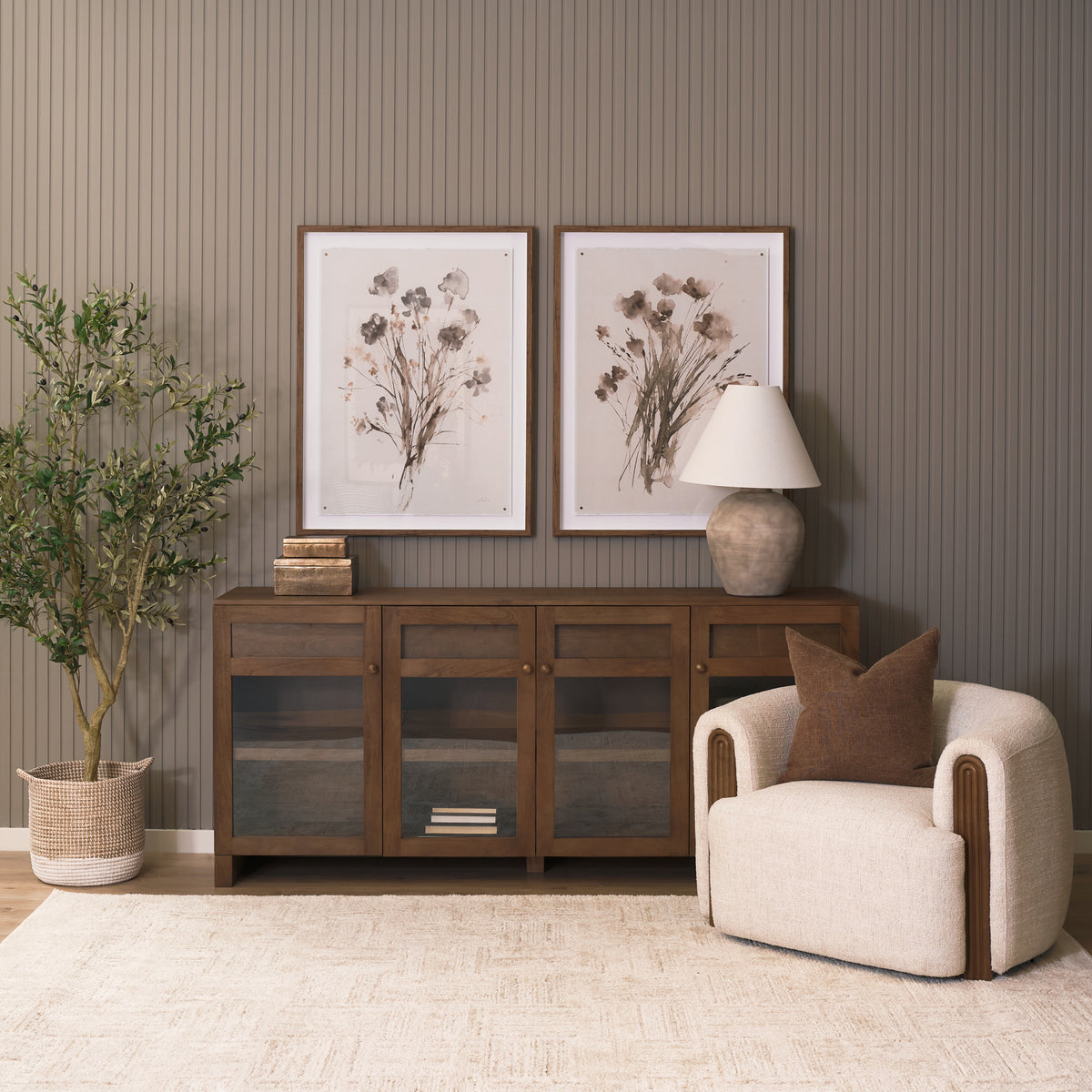 Mercana Suri Mid Brown Wood w/ Glass 4-Door Closed Sideboard
