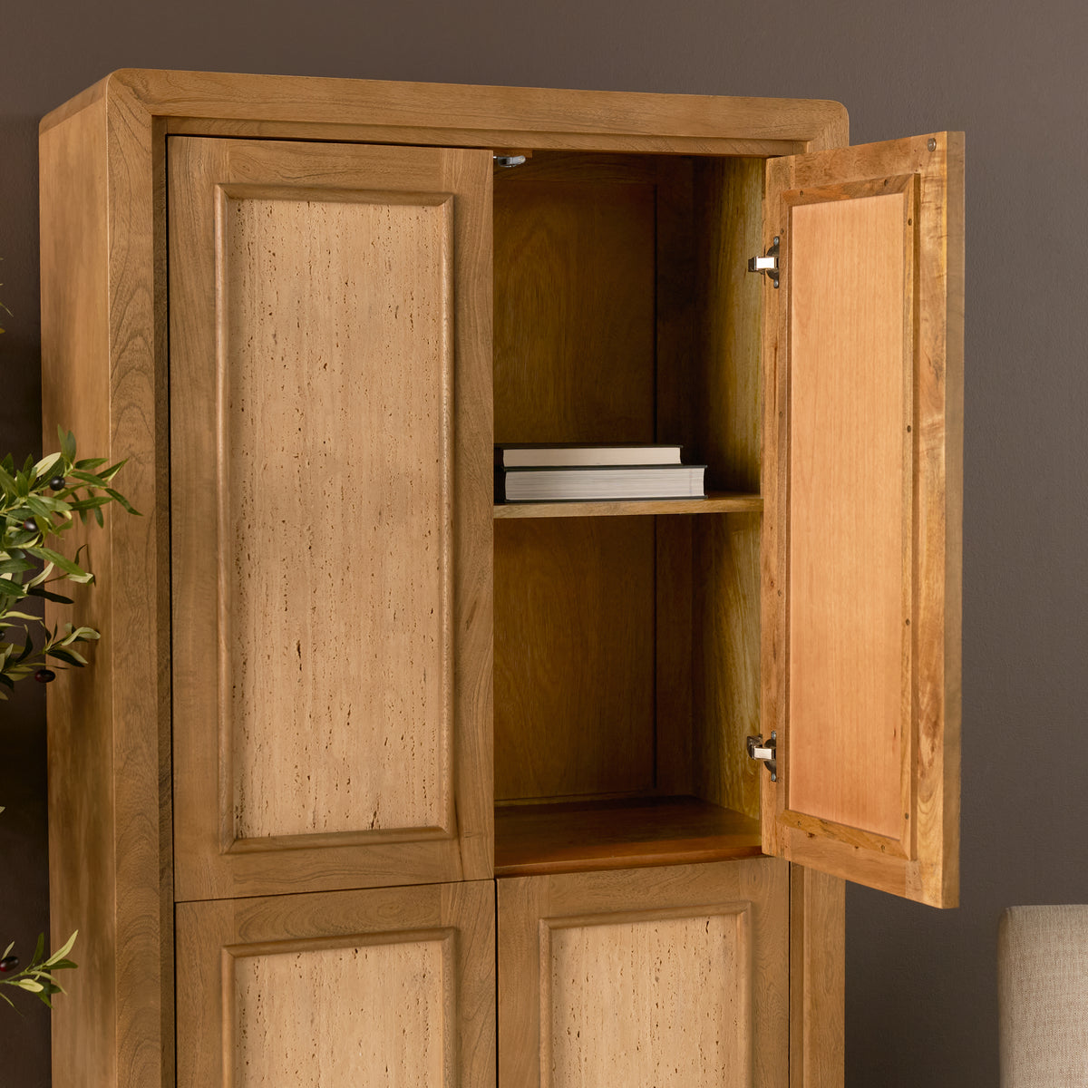 Mercana Valterra Light Brown Wood w/ Travertine 4 Door Tall Cabinet