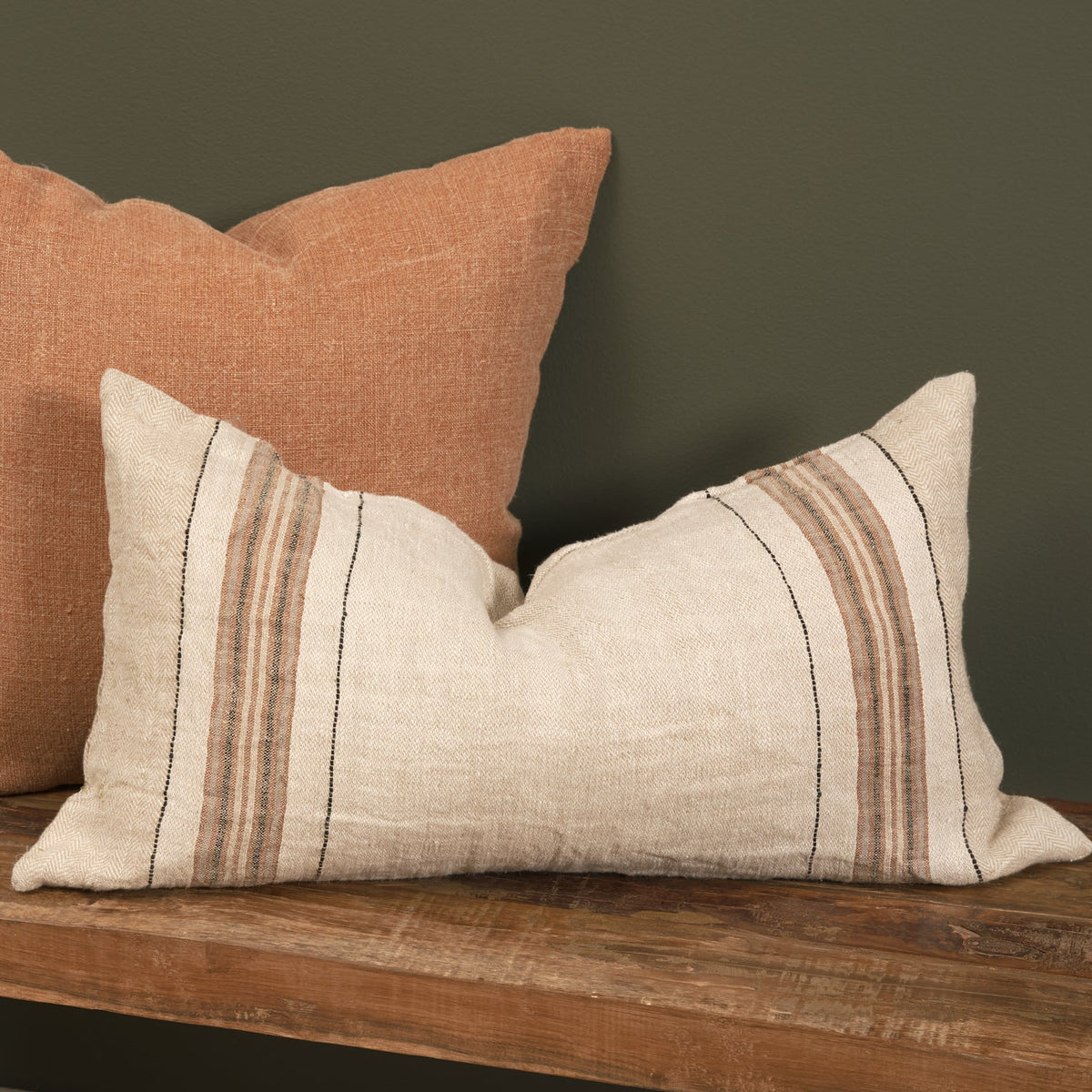 Mercana Maeve Lumbar Natural Linen w/Orange Stripes Decorative Pillow Cover in Beige, primary product view