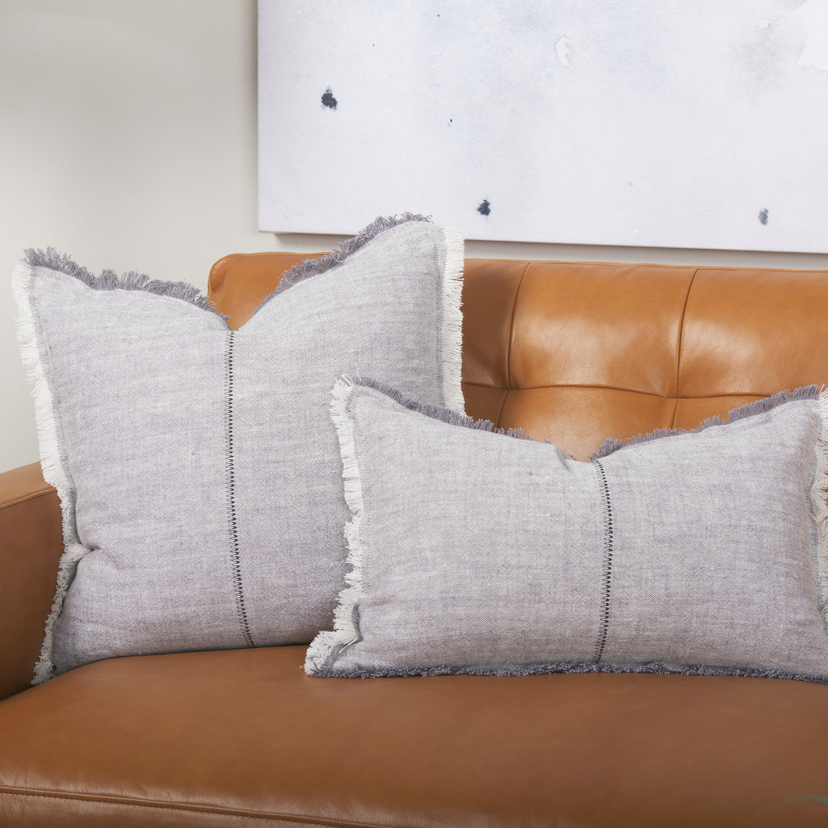 Mercana Thais Gray Fabric Fringed Pillow Cover w/Down Filler