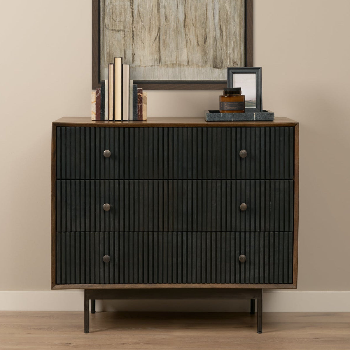 Mercana Grace 35.5L x 18.0W x 31.0H Medium Brown Wood W/Black Metal Frame 3 Drawer Accent Cabinet