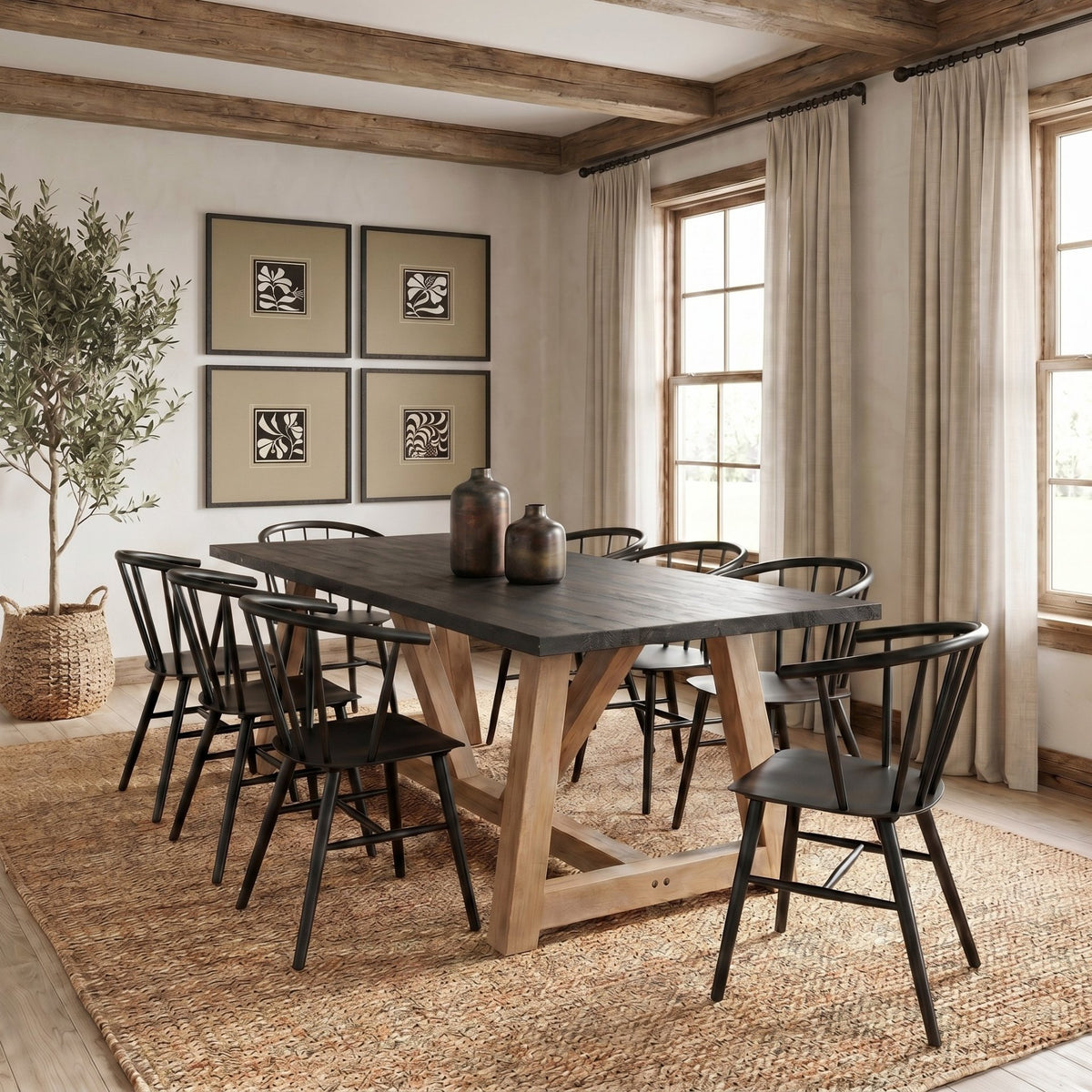 Mercana Rialto 96"L x 42"W Trestle Dining Table | Modern | Black-Brown Wood & Light Brown Wood | Seats 8