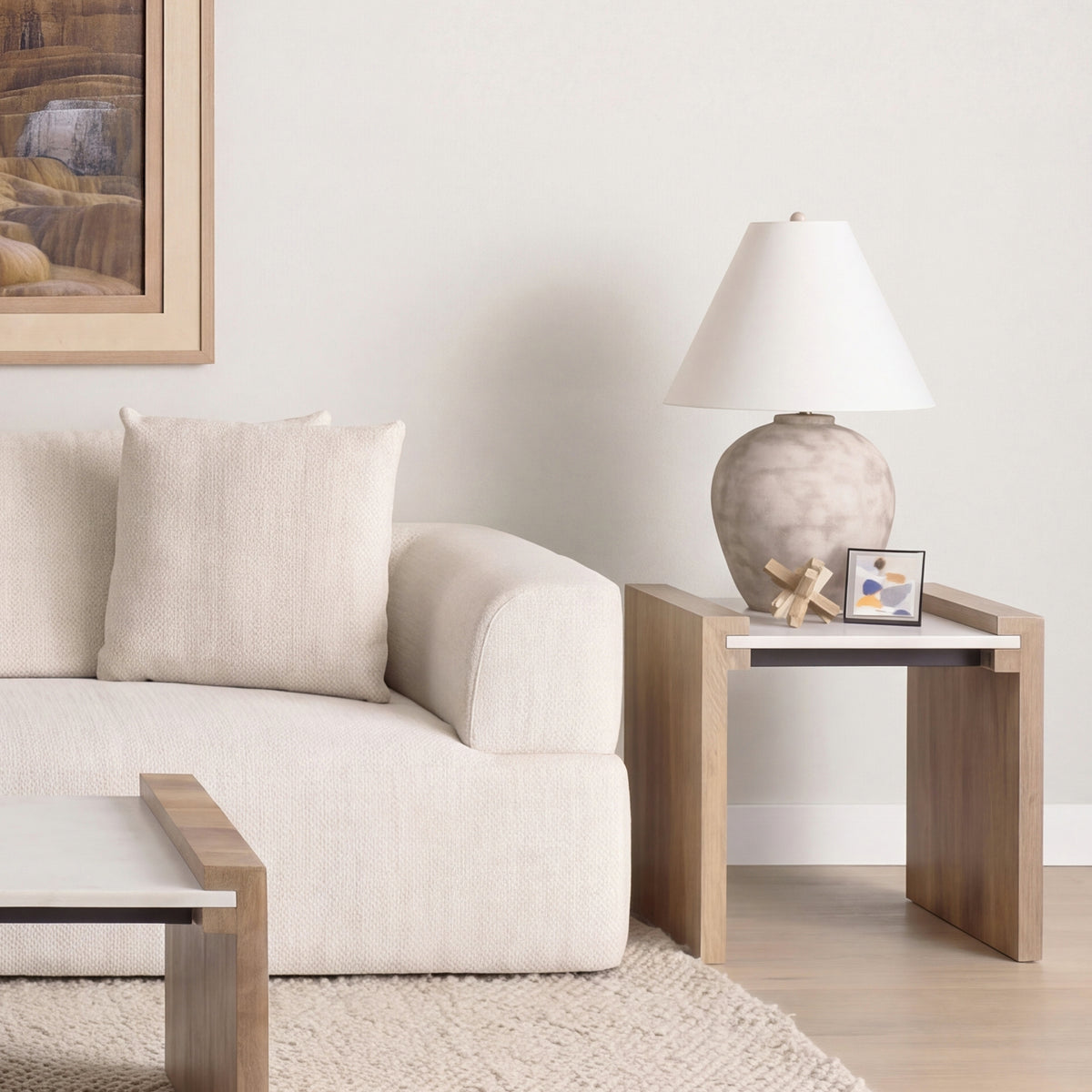Mercana Athens Light Brown Wood w/ White Marble Accent Table