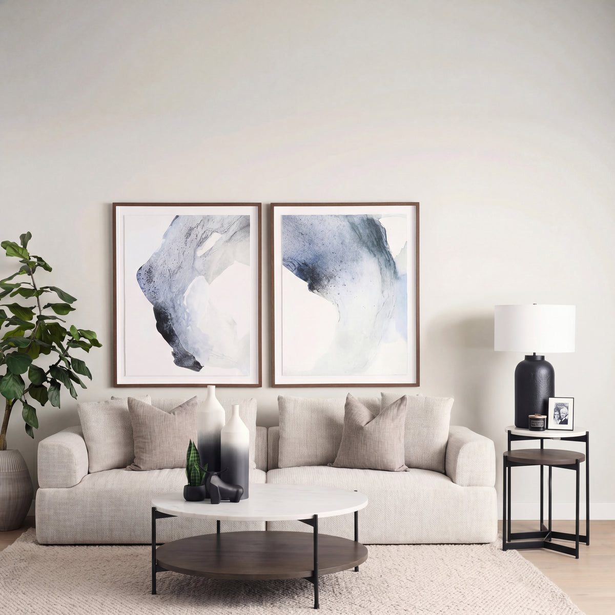 Mercana Larkin 42" Round Two-Tier White Marble Top and Solid Wood Shelf w/ Black Metal Frame Coffee Table