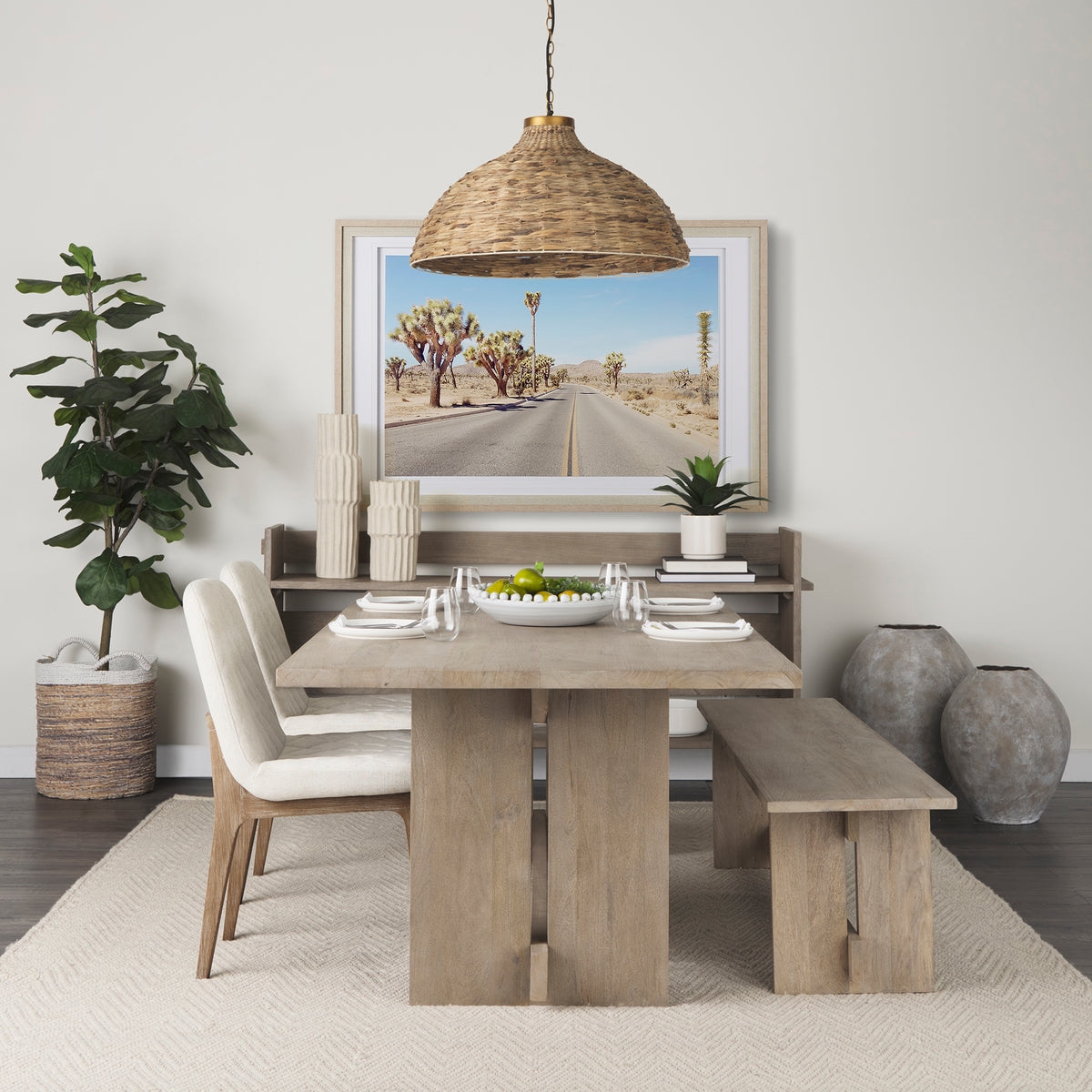 Mercana David Solid Back Dining Side Chair | Tuffed Cream Fabric w/ Brown Wood