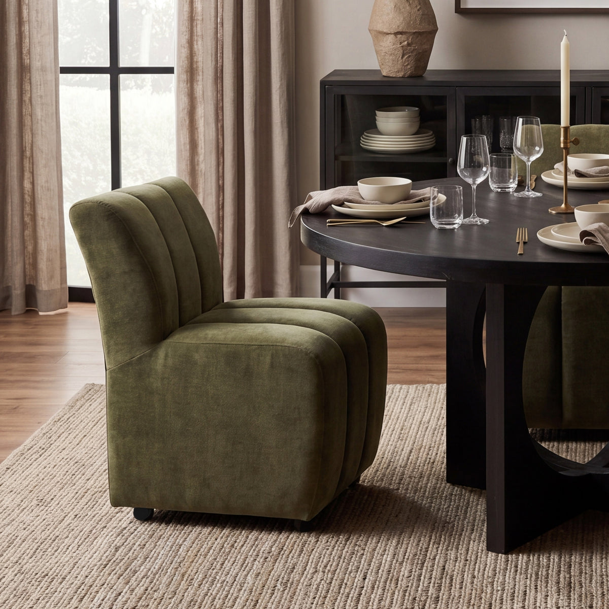Mercana Wilkins Barrel Back Dining Arm Chair | Moss Olive Fabric w/ Wood