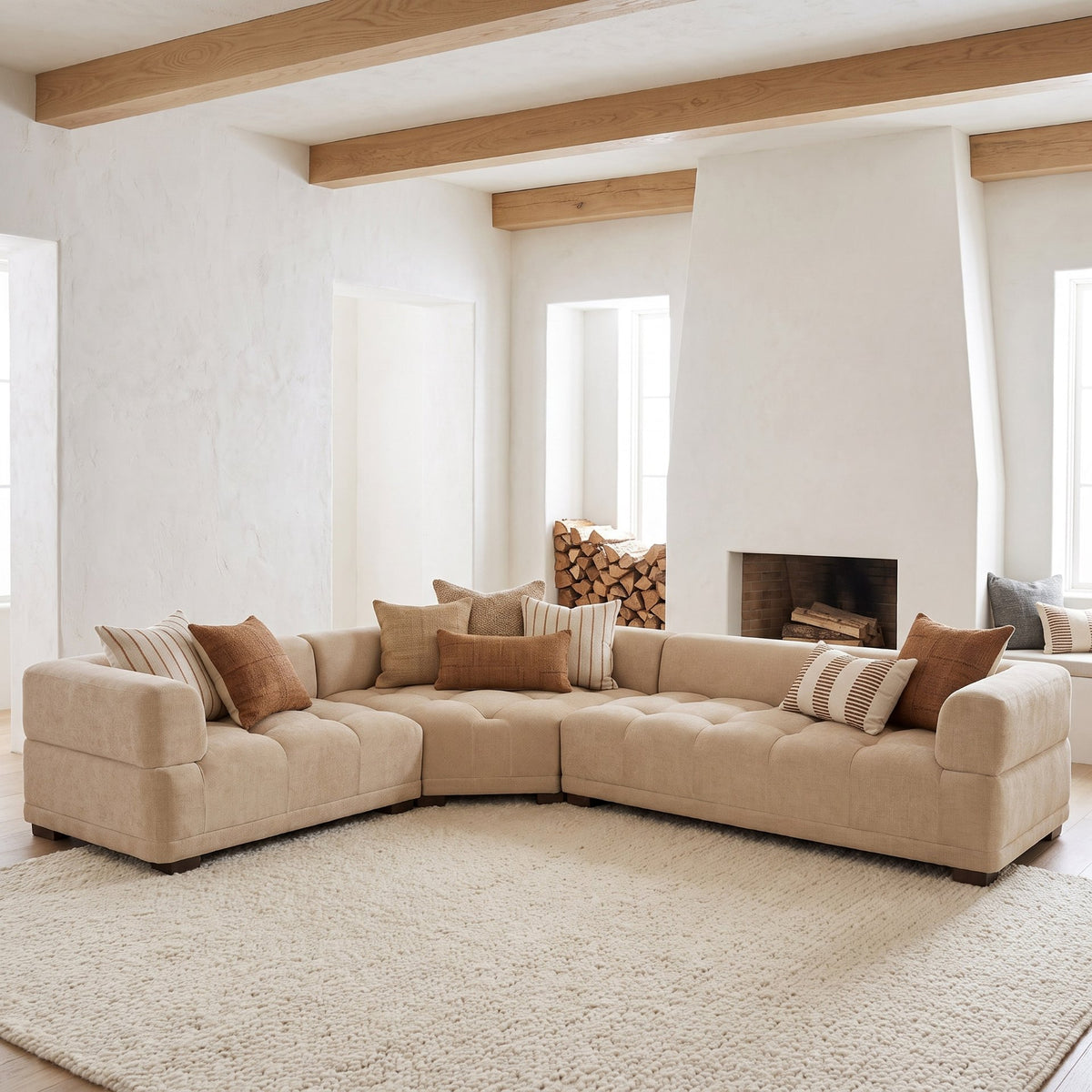 Mercana Warner Quilt 3 Piece Sofa Set w/Corner Piece in Beige, primary product view