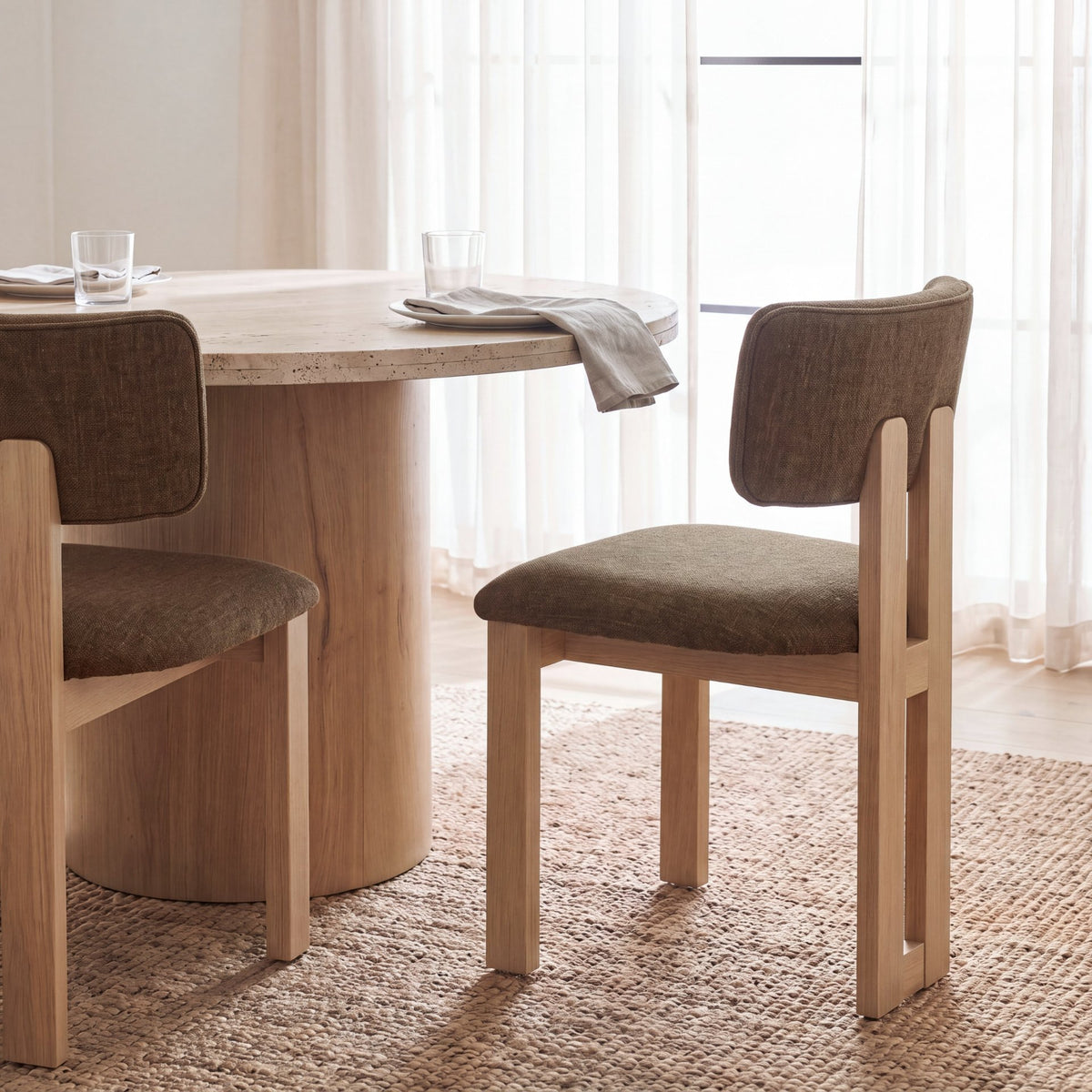 Mercana Soho Open Back Dining Side Chair | Brown Fabric w/ Light Brown Wood