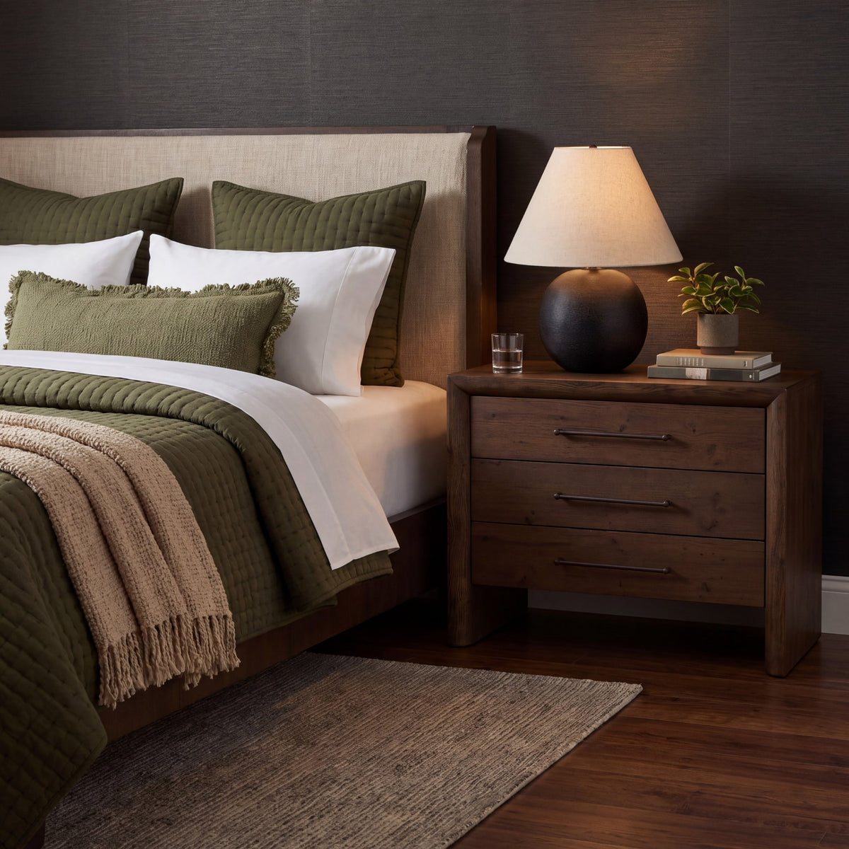Mercana Holden King Upholstered Bedframe | Shelter Headboard | Oatmeal Performance Fabric