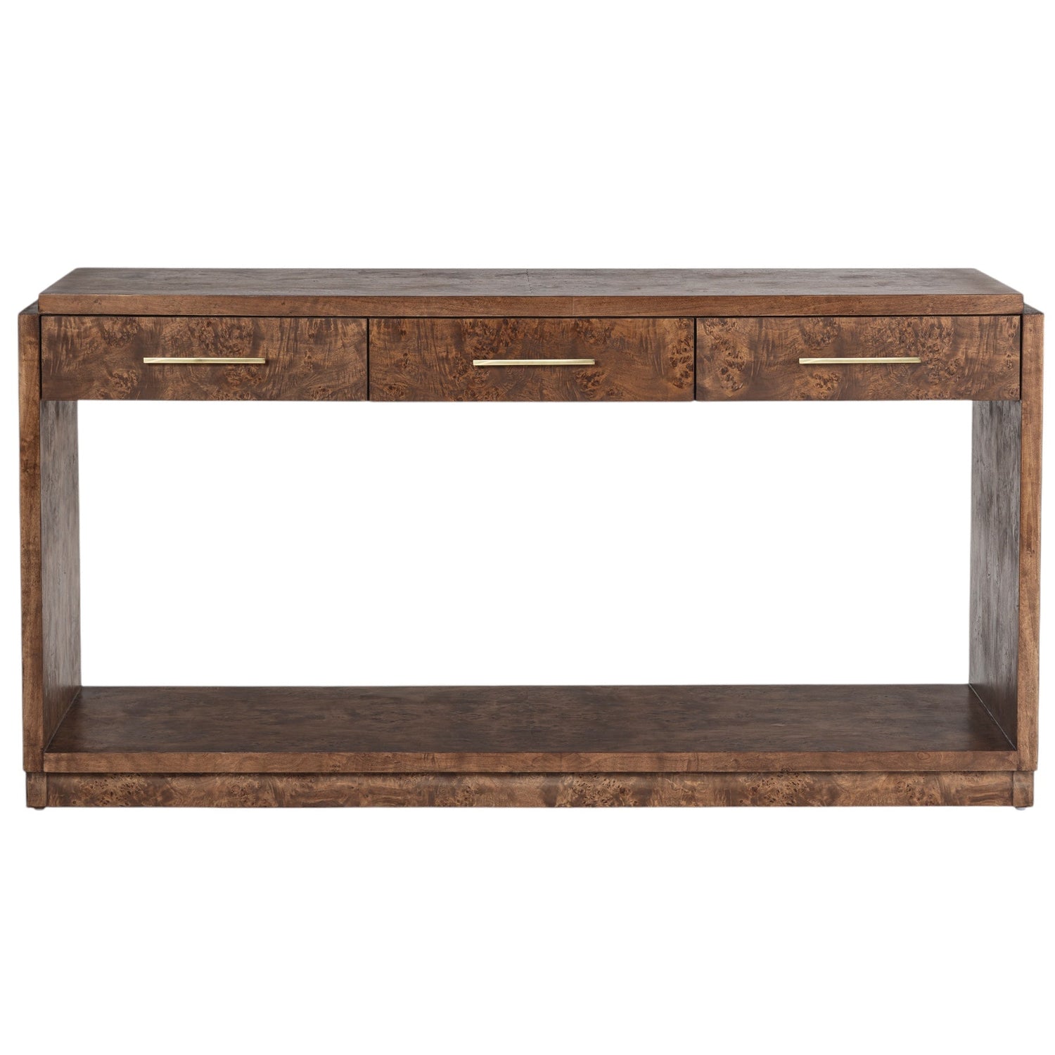 Front view of the Co. House Designs Wesley Burl Dark Console Table