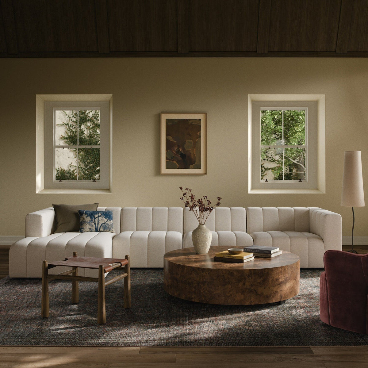 Four Hands Langham Channeled Crypton Nomad Snow 4 Piece Sectional Sofa in a styled room setting