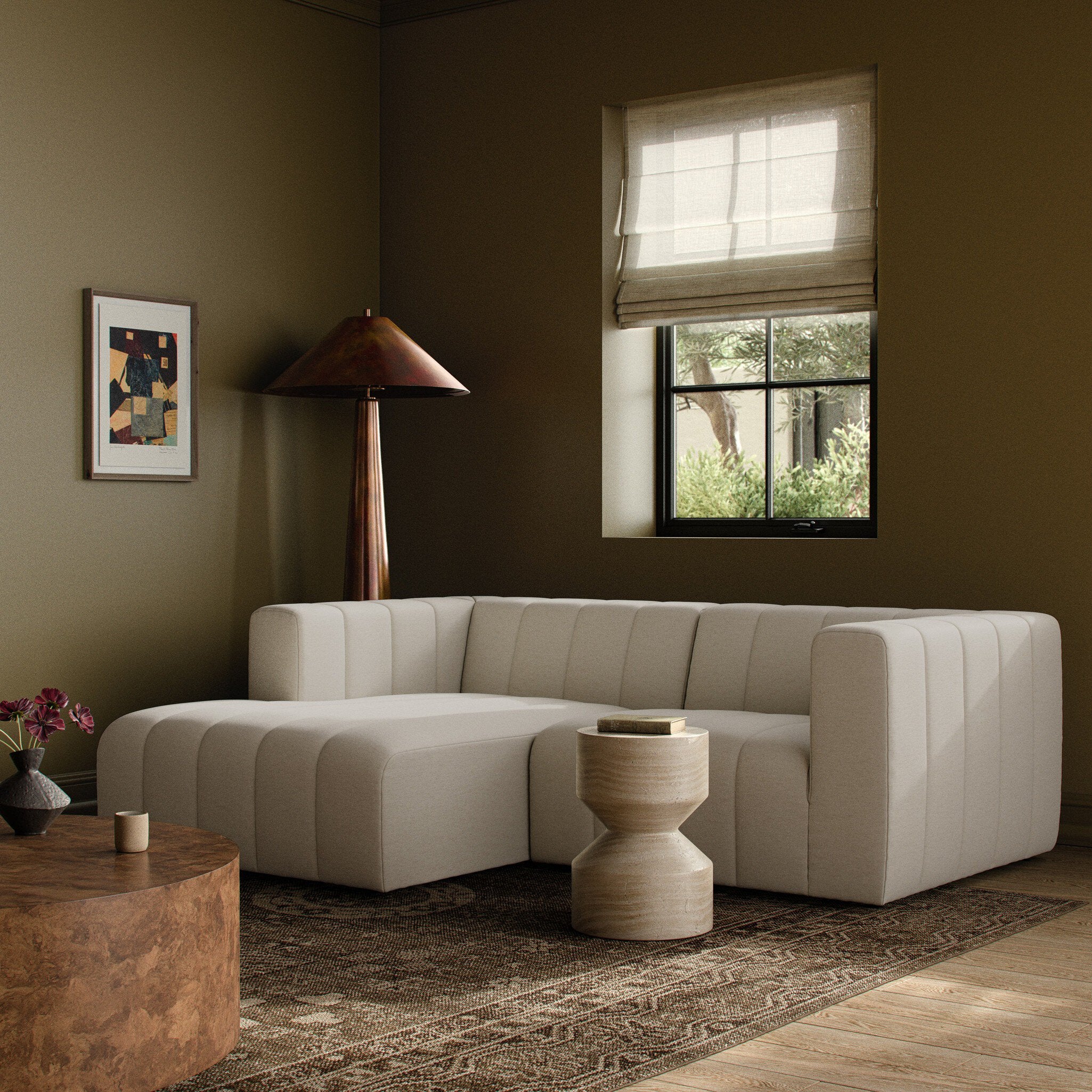 Four Hands Langham Channeled Crypton Nomad Snow 2 Piece Sectional Sofa in a styled room setting