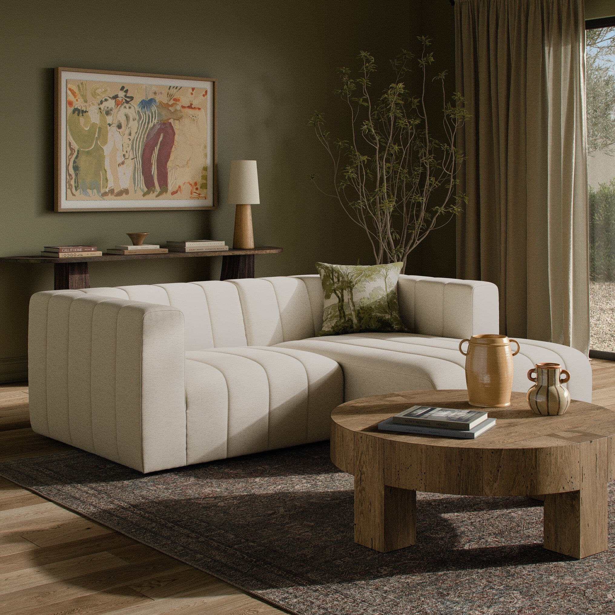Four Hands Langham Channeled Crypton Nomad Snow 2 Piece Sectional Sofa in a styled room setting