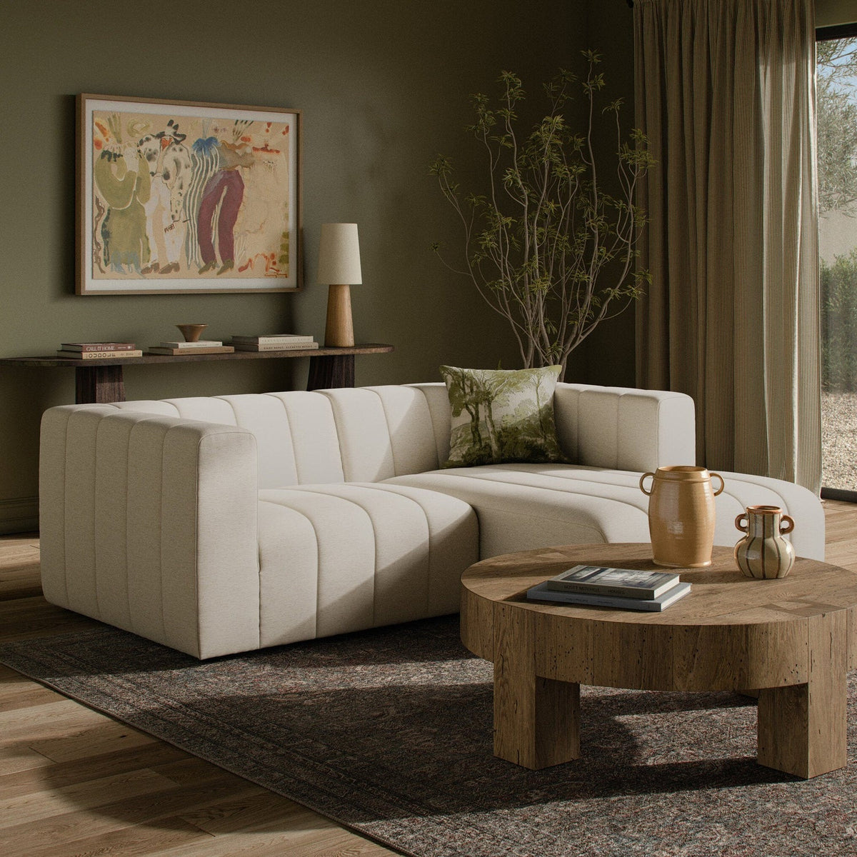 Four Hands Langham Channeled Crypton Nomad Snow 2 Piece Sectional Sofa in a styled room setting