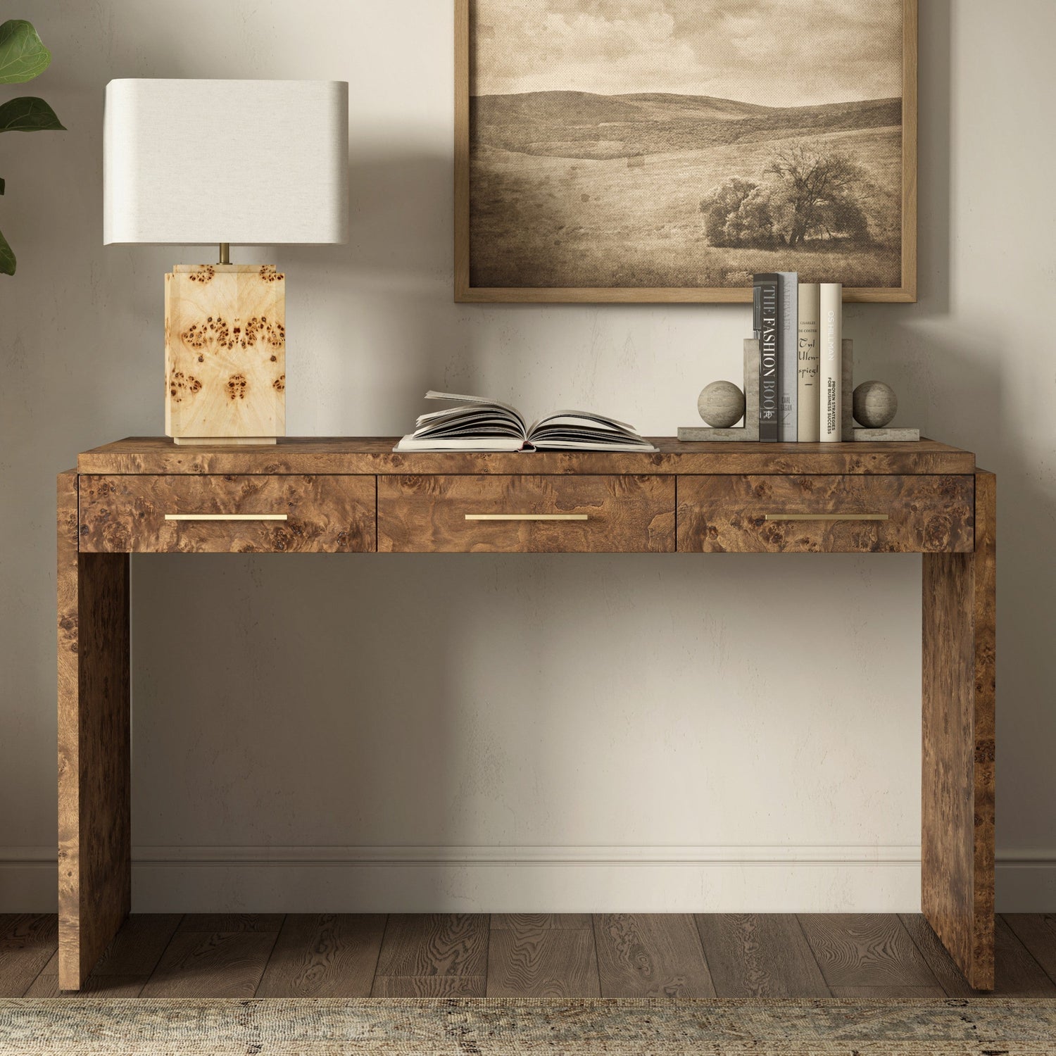 Co. House Designs Wesley Dark Burl Desk styled in a room setting